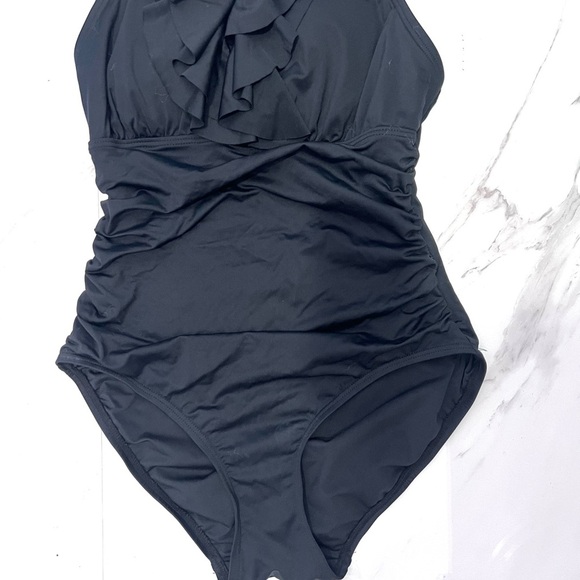 DKNY Black Classic One Piece halter swimsuit ruffle front detail 6 - Picture 5 of 9